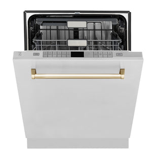 ZLINE 30" Autograph Edition Kitchen Package with Stainless Steel Dual Fuel Range, Range Hood, Dishwasher and Refrigeration with Gold Accents