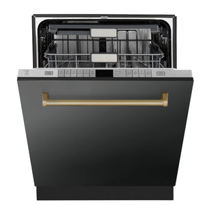 ZLINE Autograph Edition 24" 3rd Rack Top Touch Control Tall Tub Dishwasher in Black Stainless Steel, Champagne Bronze Handle