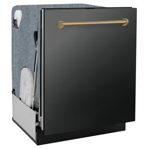 ZLINE Autograph Edition 24" 3rd Rack Top Touch Control Tall Tub Dishwasher in Black Stainless Steel, Champagne Bronze Handle