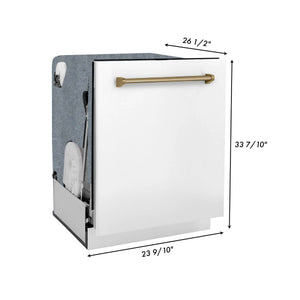 ZLINE - 30 in. Autograph Edition Kitchen Package with Stainless Steel Dual Fuel Range with White Matte Door, Range Hood and Dishwasher with Champagne Bronze Accents