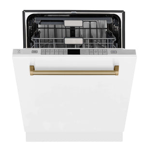 ZLINE - 30 in. Autograph Edition Kitchen Package with Stainless Steel Dual Fuel Range with White Matte Door, Range Hood and Dishwasher with Champagne Bronze Accents