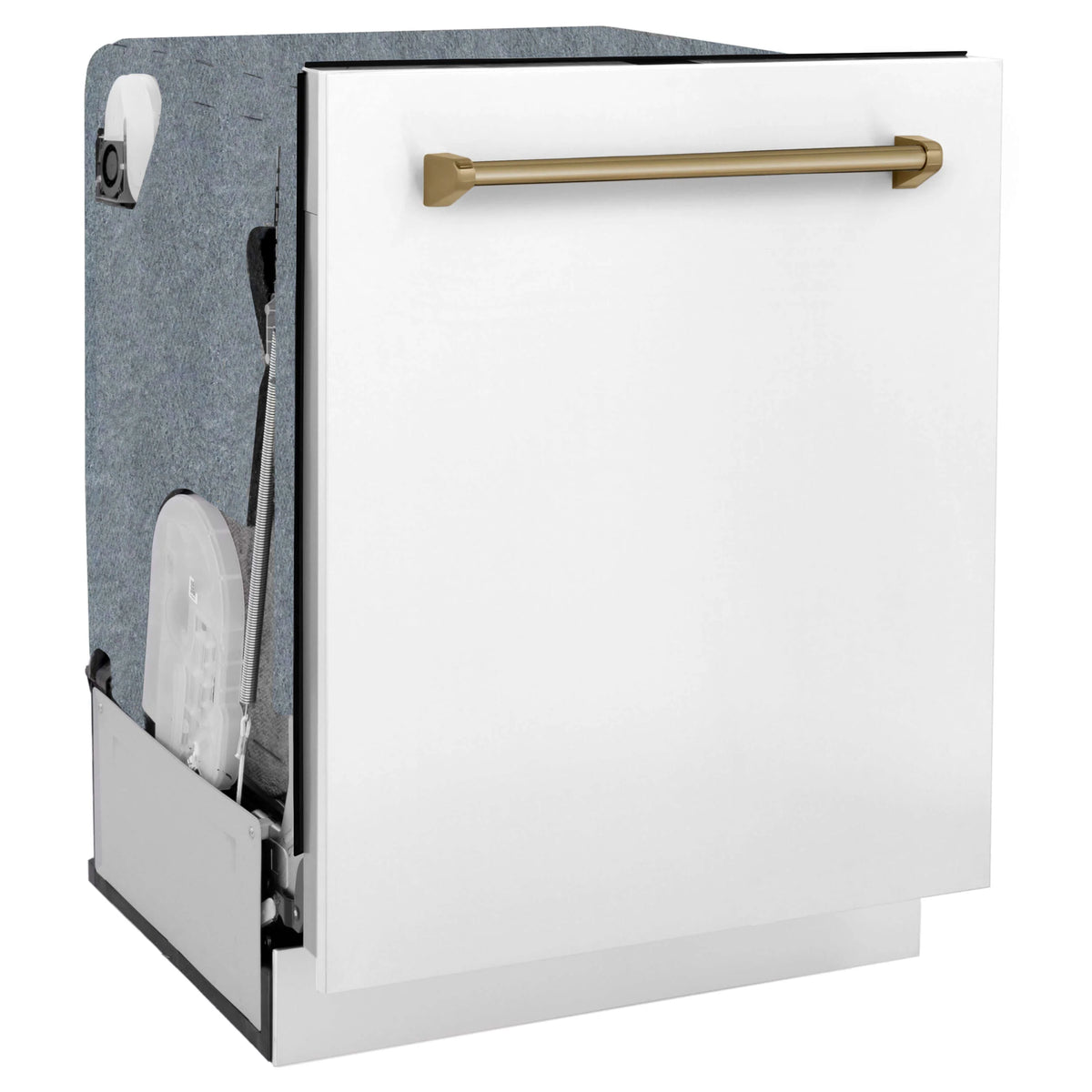 ZLINE - 30 in. Autograph Edition Kitchen Package with Stainless Steel Dual Fuel Range with White Matte Door, Range Hood and Dishwasher with Champagne Bronze Accents