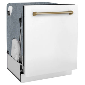 ZLINE - 30 in. Autograph Edition Kitchen Package with Stainless Steel Dual Fuel Range with White Matte Door, Range Hood and Dishwasher with Champagne Bronze Accents