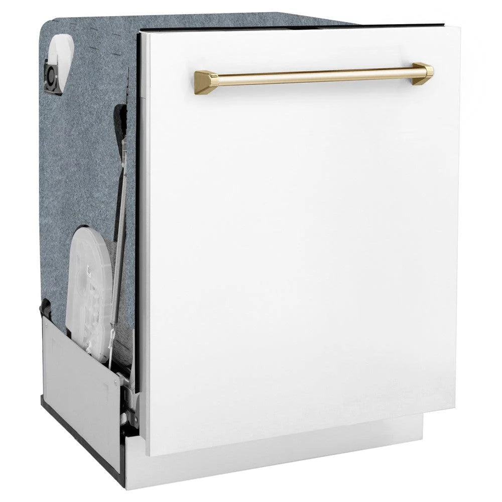 ZLINE - 36&quot; Autograph Edition Kitchen Package with Stainless Steel Dual Fuel Range with White Matte Door, Range Hood and Dishwasher with Polished Gold Accents