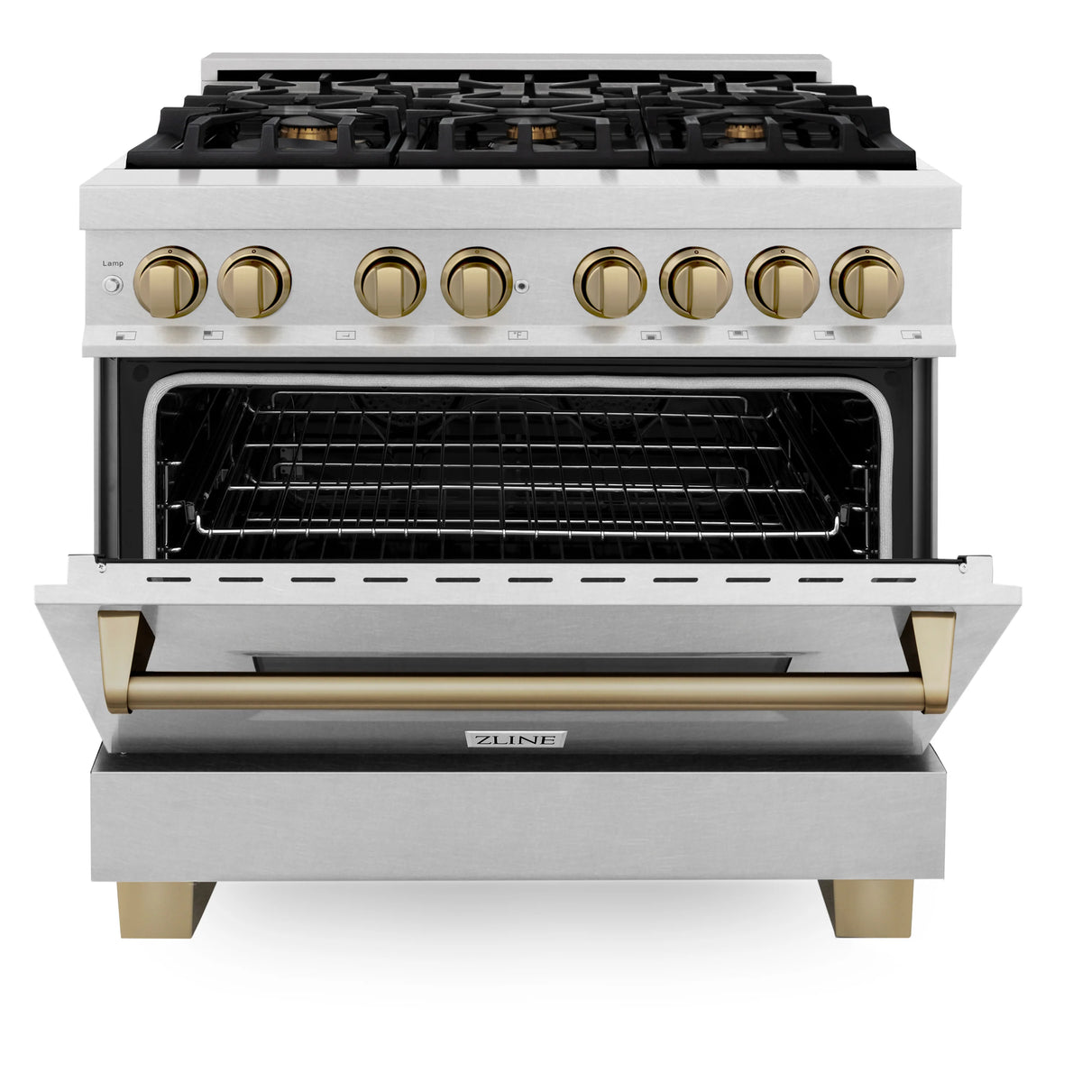 ZLINE - Autograph Edition 36 in. 4.6 cu. ft. Legacy Dual Fuel Range with 6 Burner Gas Cooktop and Electric Convection Oven in Satin Stainless Steel and Champagne Bronze Accents