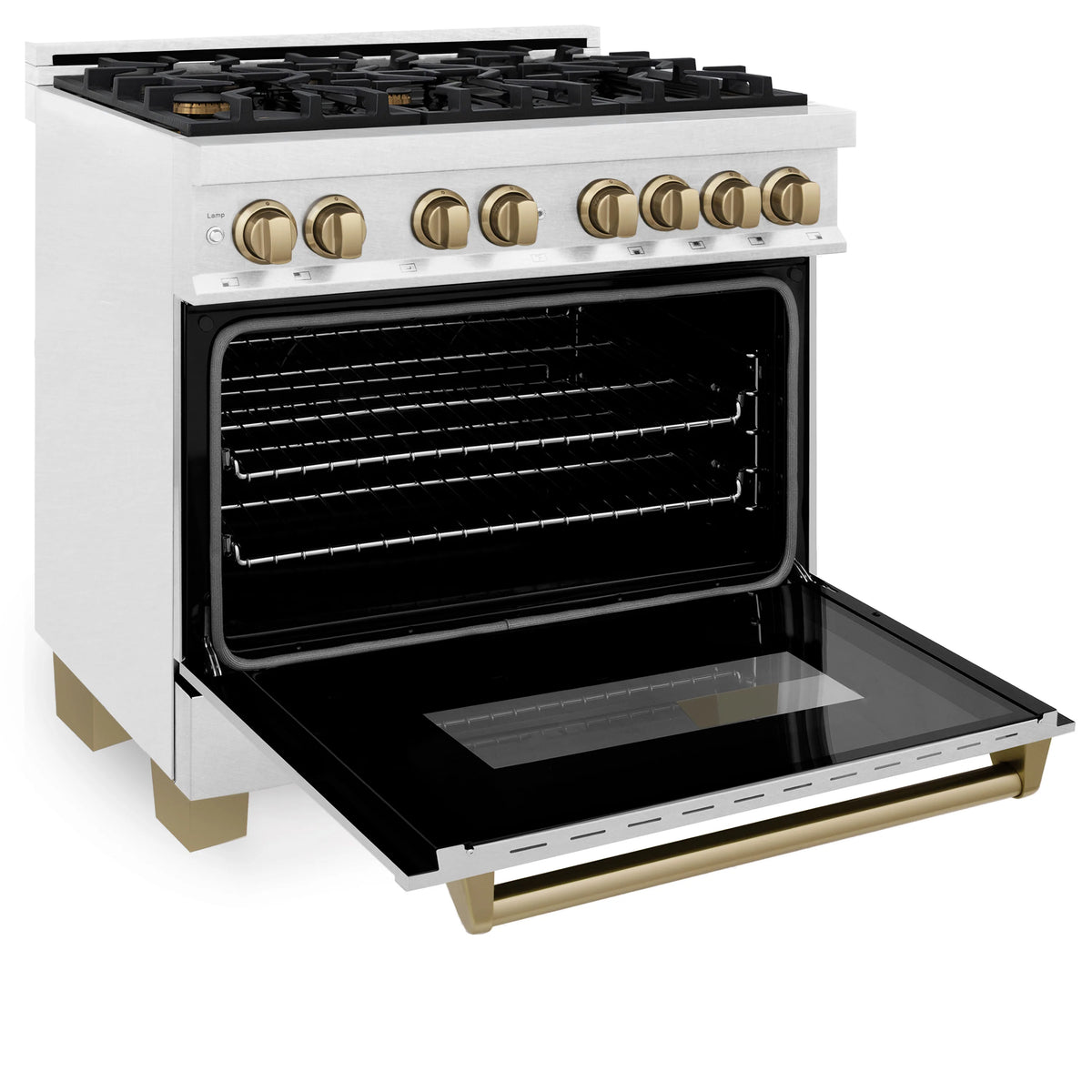 ZLINE - Autograph Edition 36 in. 4.6 cu. ft. Legacy Dual Fuel Range with 6 Burner Gas Cooktop and Electric Convection Oven in Satin Stainless Steel and Champagne Bronze Accents