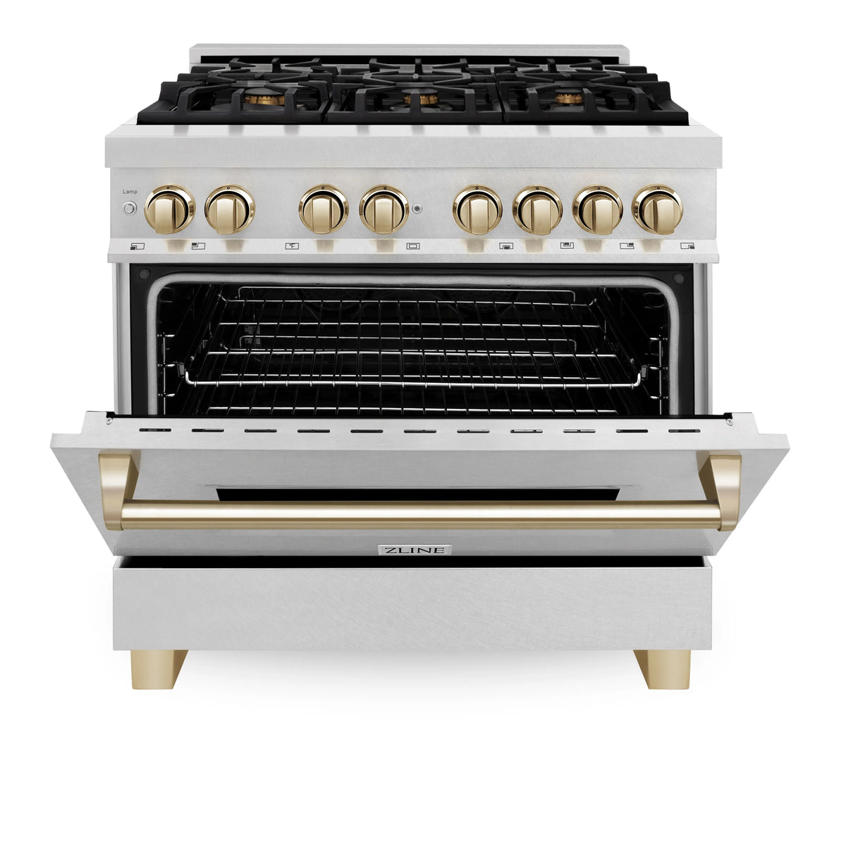 ZLINE - Autograph Edition 36 in. 4.6 cu. ft. Legacy Dual Fuel Range with 6 Burner Gas Cooktop and Electric Convection Oven in Satin Stainless Steel and Polished Gold Accents