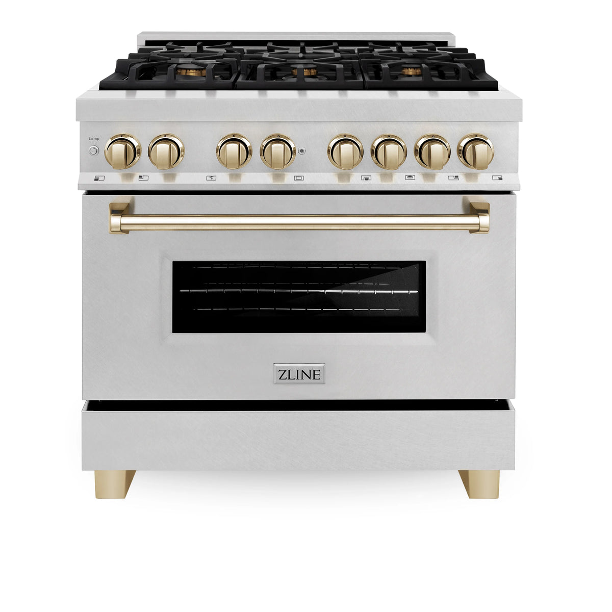 ZLINE - Autograph Edition 36 in. 4.6 cu. ft. Legacy Dual Fuel Range with 6 Burner Gas Cooktop and Electric Convection Oven in Satin Stainless Steel and Polished Gold Accents
