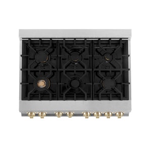 ZLINE - Autograph Edition 36 in. 4.6 cu. ft. Legacy Dual Fuel Range with 6 Burner Gas Cooktop and Electric Convection Oven in Satin Stainless Steel and Polished Gold Accents