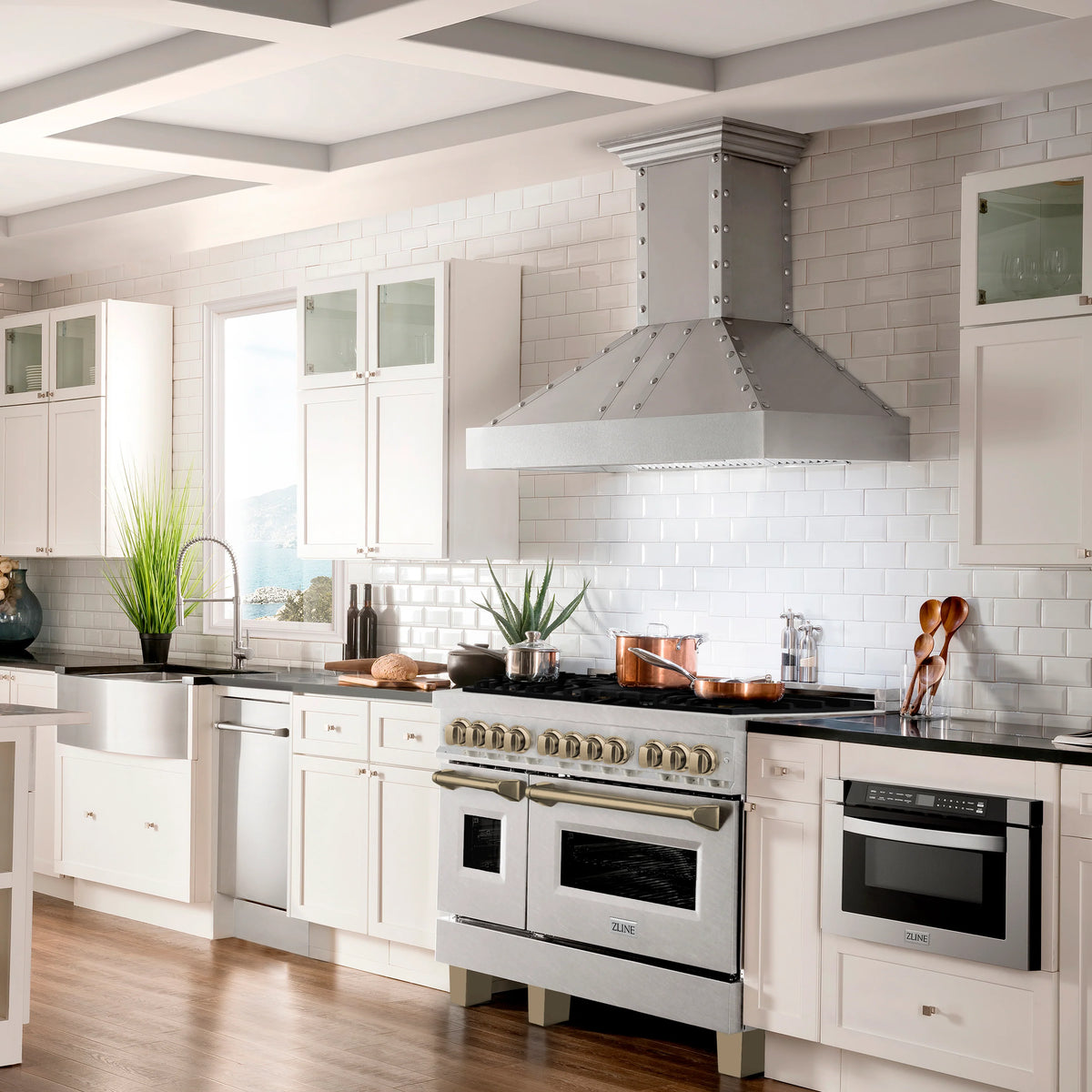 ZLINE - Autograph Edition 48 in. 6.0 cu. ft. Legacy Dual Fuel Range with 7 Burner Gas Cooktop and 2 Electric Ovens in Satin Stainless Steel and Champagne Bronze Accents