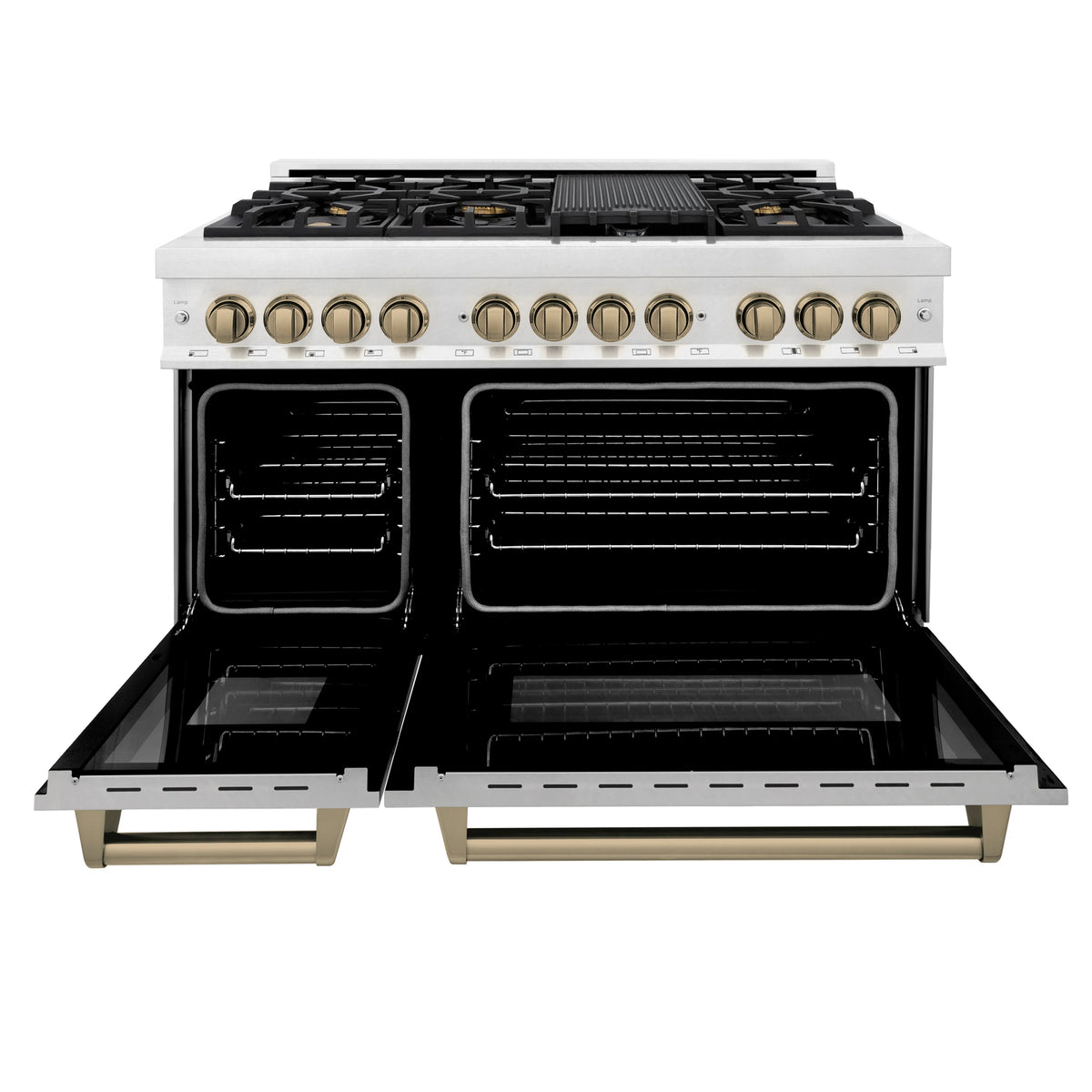ZLINE - Autograph Edition 48 in. 6.0 cu. ft. Legacy Dual Fuel Range with 7 Burner Gas Cooktop and 2 Electric Ovens in Satin Stainless Steel and Champagne Bronze Accents