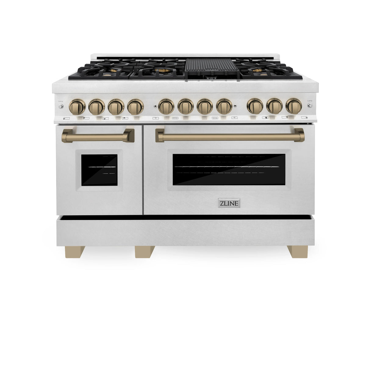 ZLINE - Autograph Edition 48 in. 6.0 cu. ft. Legacy Dual Fuel Range with 7 Burner Gas Cooktop and 2 Electric Ovens in Satin Stainless Steel and Champagne Bronze Accents