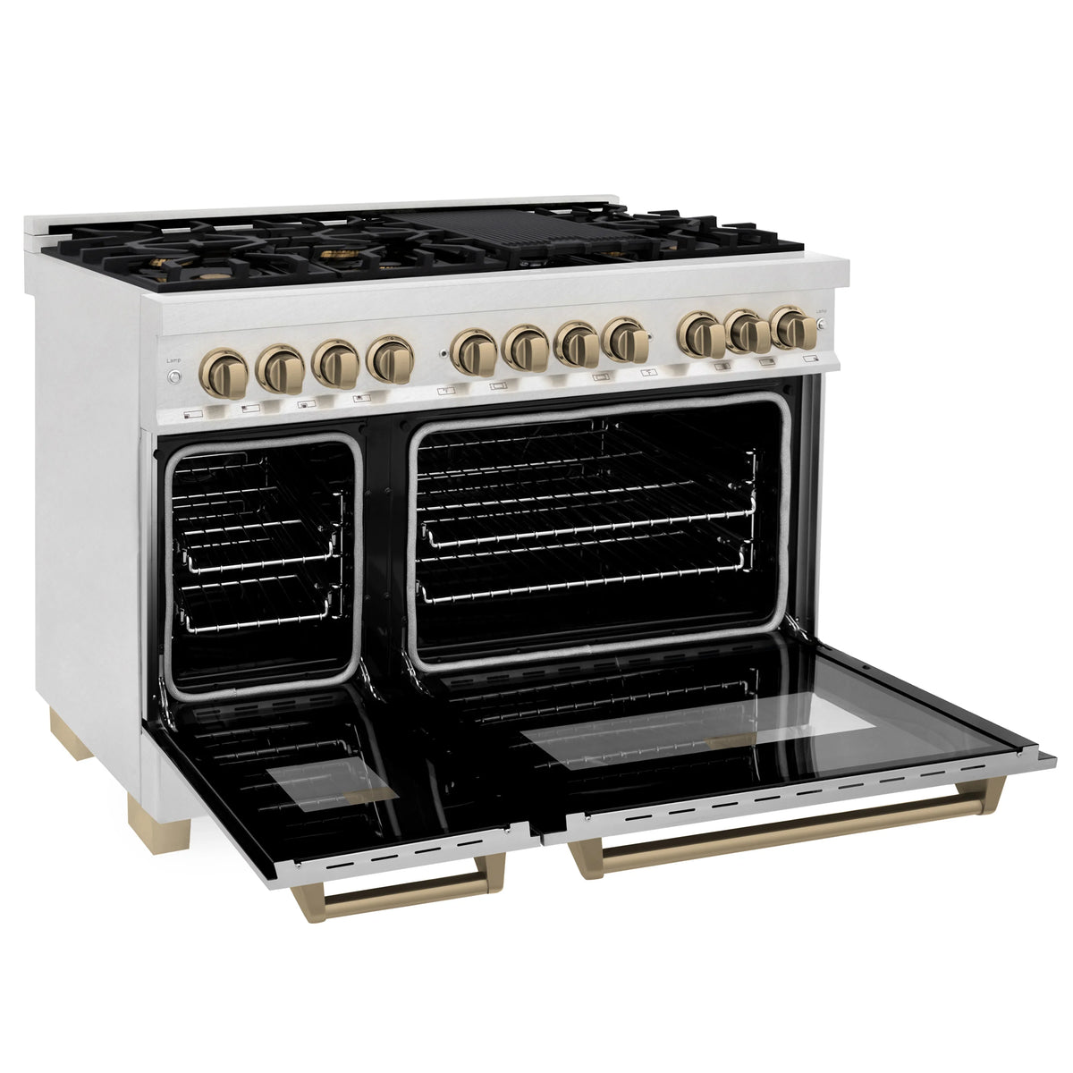 ZLINE - Autograph Edition 48 in. 6.0 cu. ft. Legacy Dual Fuel Range with 7 Burner Gas Cooktop and 2 Electric Ovens in Satin Stainless Steel and Champagne Bronze Accents