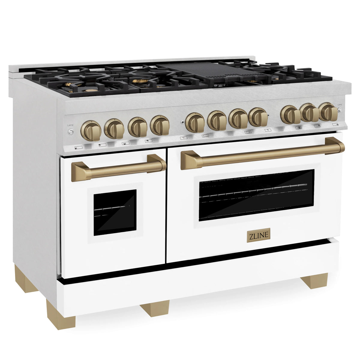 ZLINE - Autograph Edition 48 in. 6.0 cu. ft. Legacy Dual Fuel Range with 7 Burner Gas Cooktop and 2 Electric Ovens in Satin Stainless Steel with White Matte Doors and Champagne Bronze Accents