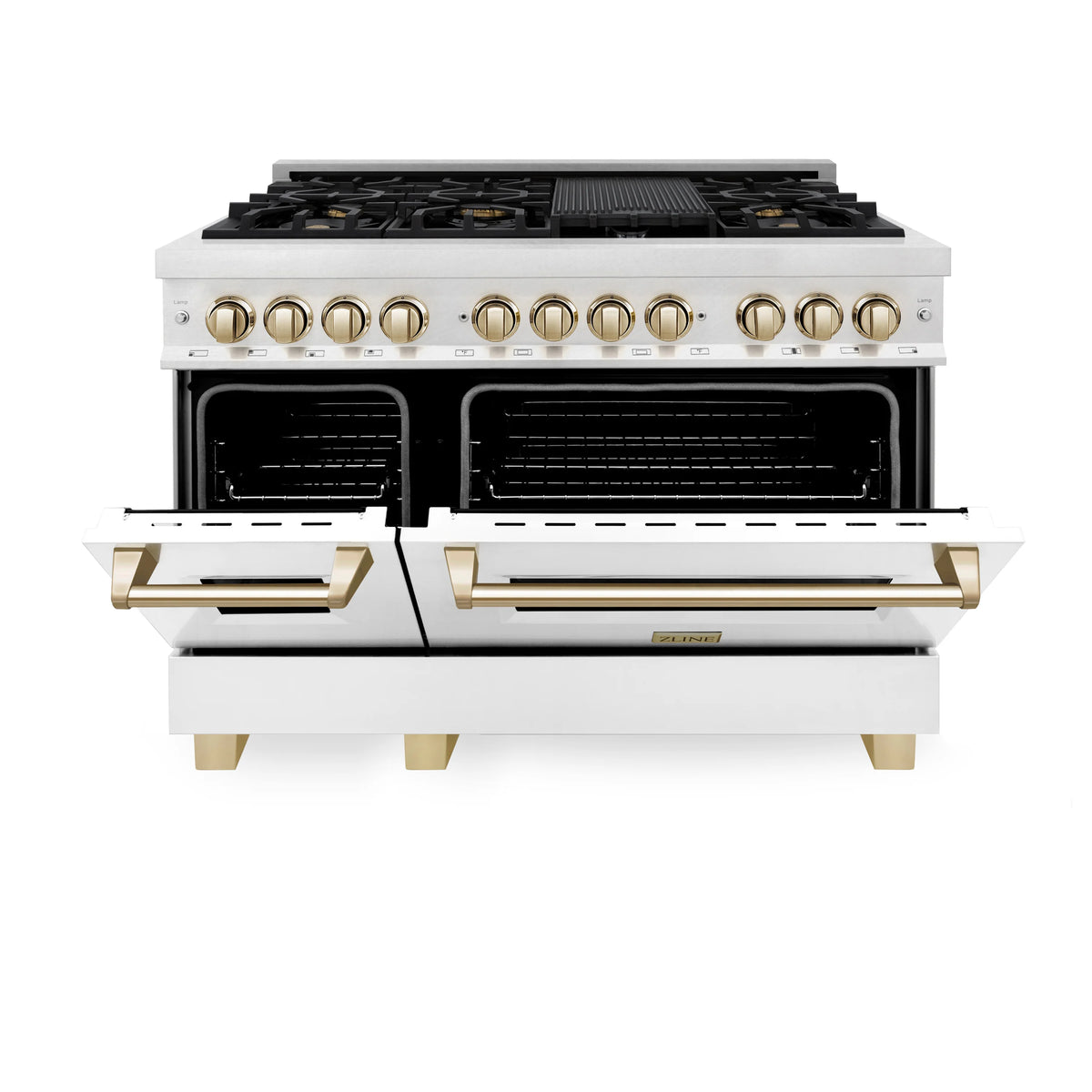ZLINE - Autograph Edition 48 in. 6.0 cu. ft. Legacy Dual Fuel Range with 7 Burner Gas Cooktop and 2 Electric Ovens in Satin Stainless Steel with White Matte Doors and Polished Gold Accents