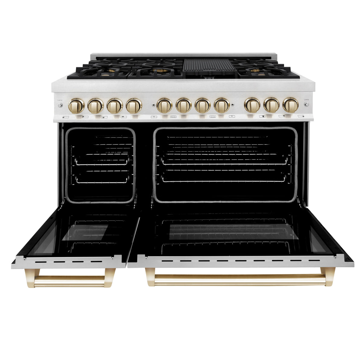 ZLINE - Autograph Edition 48 in. 6.0 cu. ft. Legacy Dual Fuel Range with 7 Burner Gas Cooktop and 2 Electric Ovens in Satin Stainless Steel with White Matte Doors and Polished Gold Accents