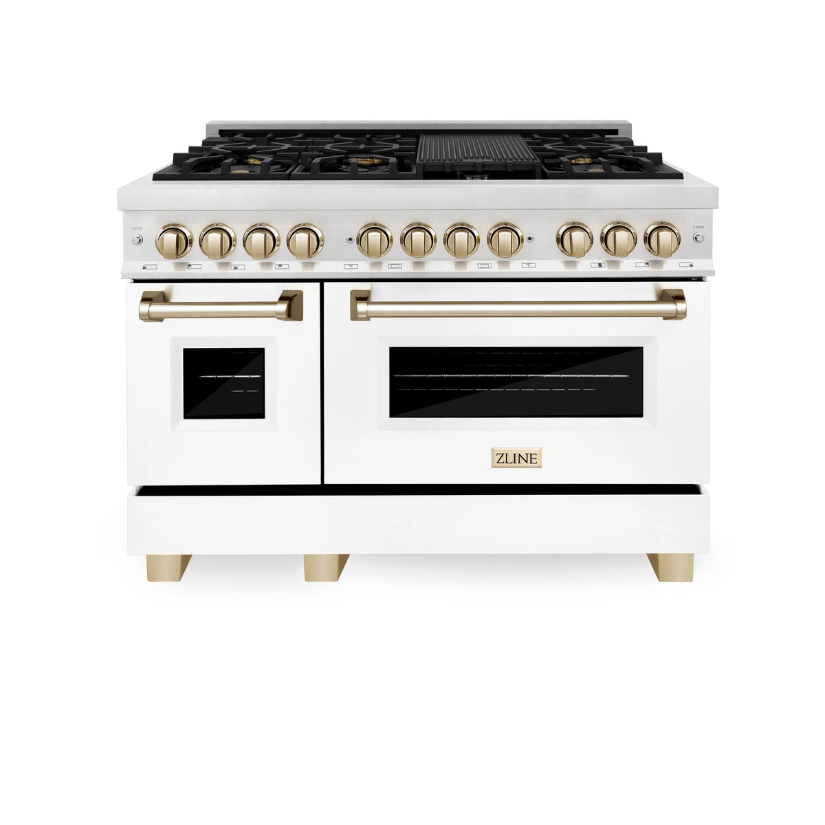 ZLINE - Autograph Edition 48 in. 6.0 cu. ft. Legacy Dual Fuel Range with 7 Burner Gas Cooktop and 2 Electric Ovens in Satin Stainless Steel with White Matte Doors and Polished Gold Accents