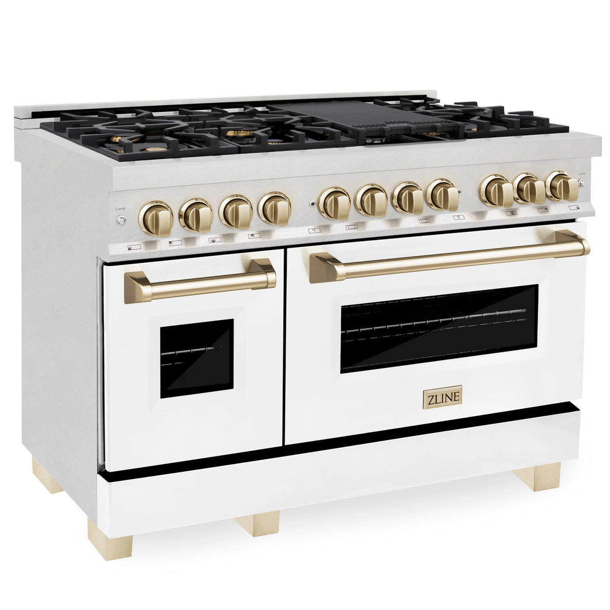 ZLINE - Autograph Edition 48 in. 6.0 cu. ft. Legacy Dual Fuel Range with 7 Burner Gas Cooktop and 2 Electric Ovens in Satin Stainless Steel with White Matte Doors and Polished Gold Accents