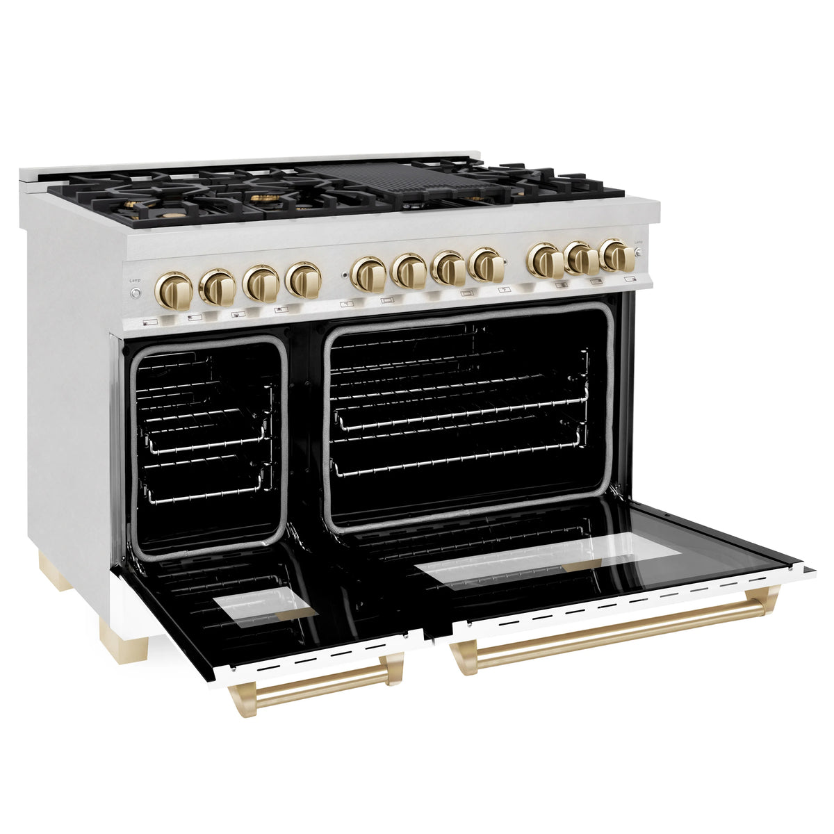 ZLINE - Autograph Edition 48 in. 6.0 cu. ft. Legacy Dual Fuel Range with 7 Burner Gas Cooktop and 2 Electric Ovens in Satin Stainless Steel with White Matte Doors and Polished Gold Accents