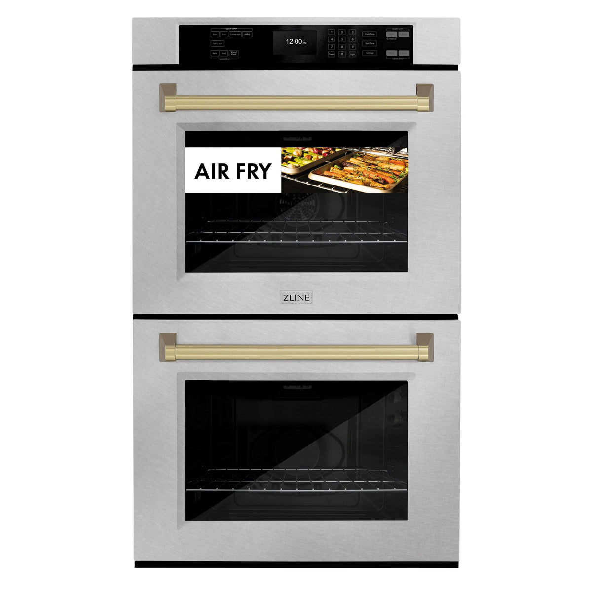 ZLINE - 30 in. Autograph Edition Professional True Convection Double Wall Oven with Air Fry and Self Clean in Satin Stainless Steel with Champagne Bronze Handles