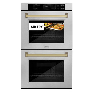 ZLINE - 30 in. Autograph Edition Professional True Convection Double Wall Oven with Air Fry and Self Clean in Satin Stainless Steel with Champagne Bronze Handles