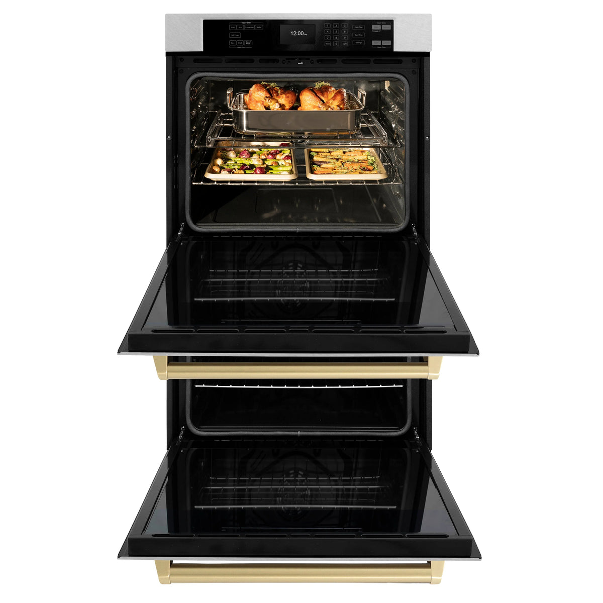 ZLINE - 30 in. Autograph Edition Professional True Convection Double Wall Oven with Air Fry and Self Clean in Satin Stainless Steel with Champagne Bronze Handles