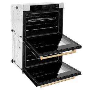 ZLINE - 30 in. Autograph Edition Professional True Convection Double Wall Oven with Air Fry and Self Clean in Satin Stainless Steel with Champagne Bronze Handles