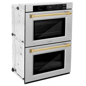 ZLINE - 30 in. Autograph Edition Professional True Convection Double Wall Oven with Air Fry and Self Clean in Satin Stainless Steel with Polished Gold Handles