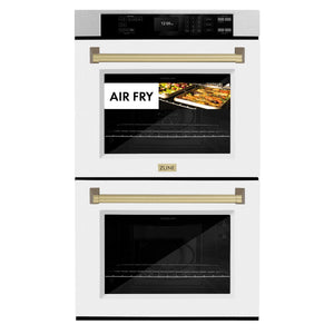 ZLINE - 30 in. Autograph Edition Professional True Convection Double Wall Oven with Air Fry and Self Clean in Satin Stainless Steel with White Matte Doors and Champagne Bronze Handles
