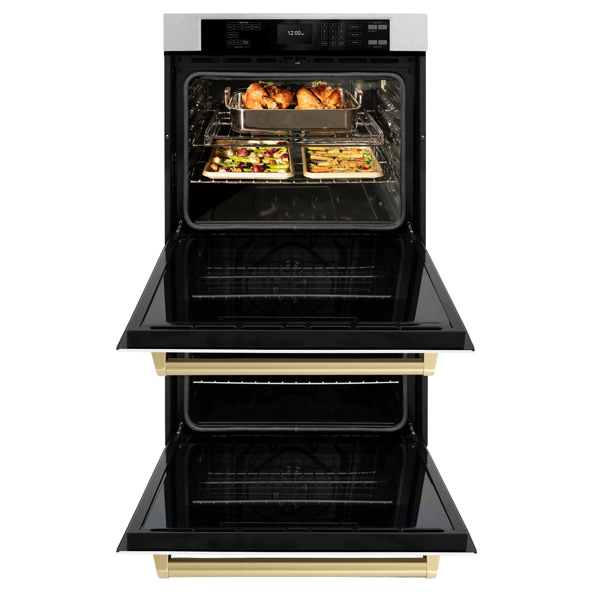 ZLINE - 30 in. Autograph Edition Professional True Convection Double Wall Oven with Air Fry and Self Clean in Satin Stainless Steel with White Matte Doors and Champagne Bronze Handles