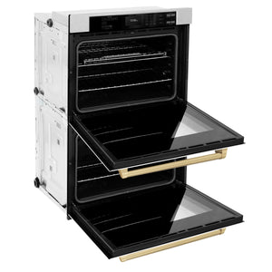 ZLINE - 30 in. Autograph Edition Professional True Convection Double Wall Oven with Air Fry and Self Clean in Satin Stainless Steel with White Matte Doors and Champagne Bronze Handles