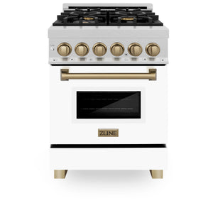 ZLINE - Autograph Edition 24 in. 2.8 cu. ft. Legacy Dual Fuel Range with 4 Burner Gas Cooktop and Electric Convection Oven in Satin Stainless Steel with White Matte Door and Champagne Bronze Accents