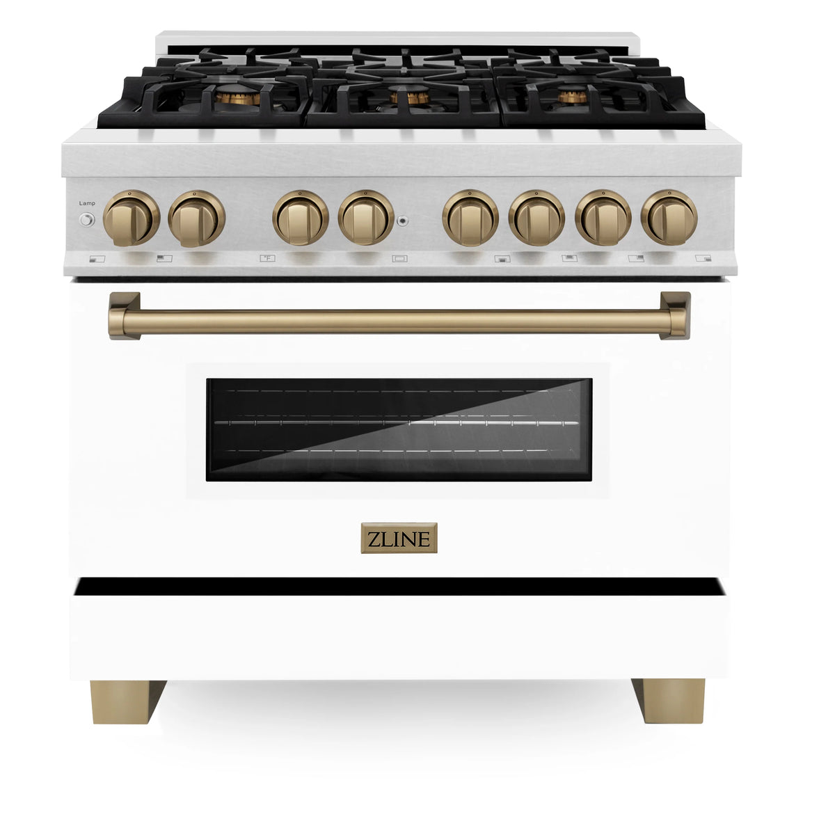 ZLINE - Autograph Edition 36 in. 4.6 cu. ft. Legacy Dual Fuel Range with 6 Burner Gas Cooktop and Electric Convection Oven in Satin Stainless Steel with White Matte Door and Champagne Bronze Accents