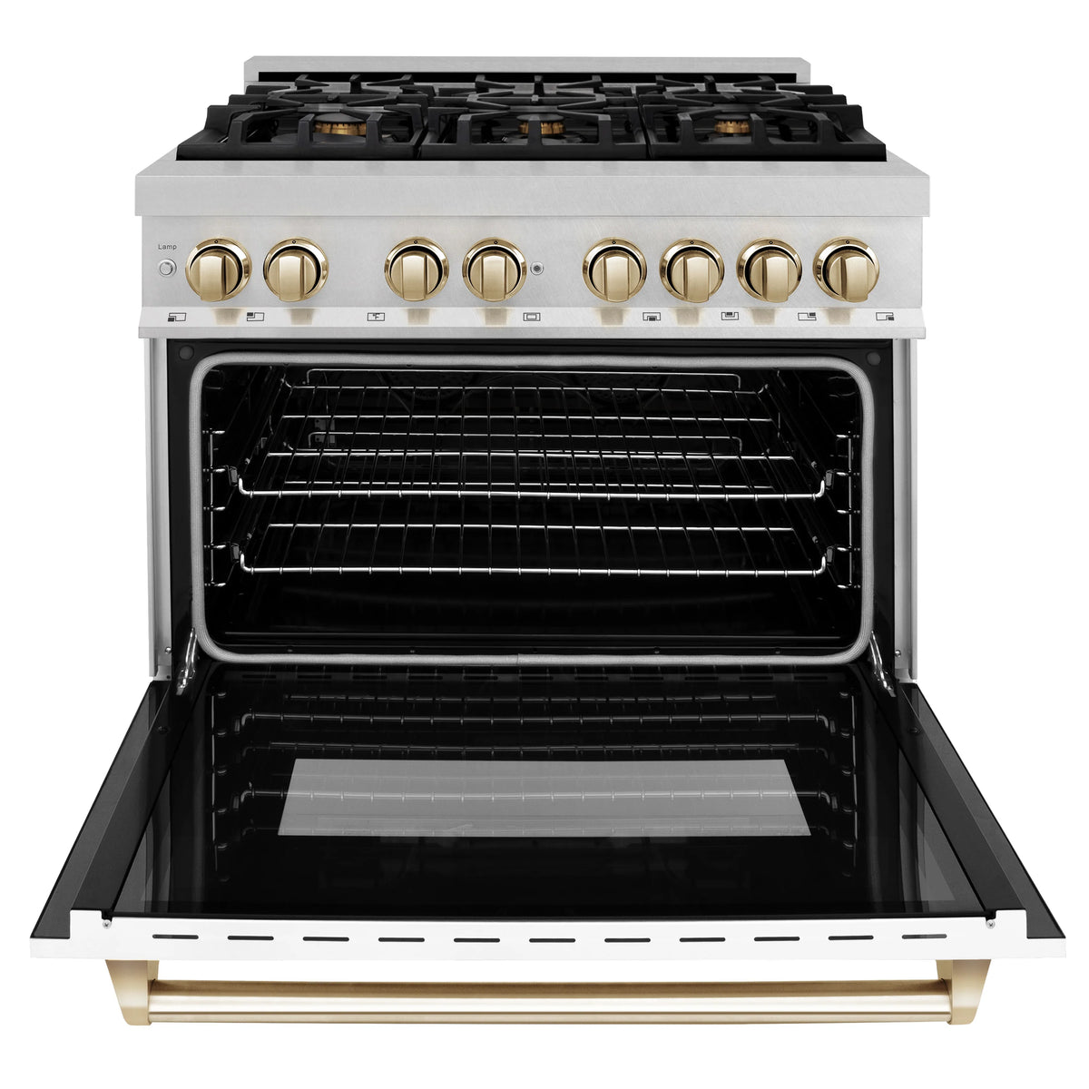 ZLINE - Autograph Edition 36 in. 4.6 cu. ft. Legacy Dual Fuel Range with 6 Burner Gas Cooktop and Electric Convection Oven in Satin Stainless Steel with White Matte Door and Polished Gold Accents