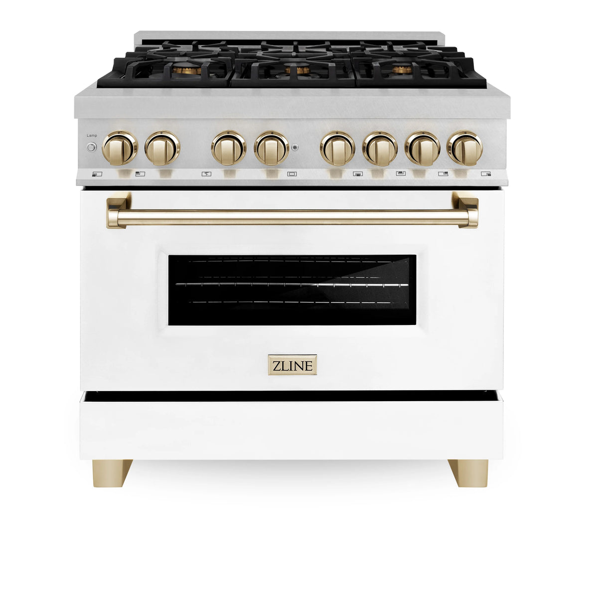 ZLINE - Autograph Edition 36 in. 4.6 cu. ft. Legacy Dual Fuel Range with 6 Burner Gas Cooktop and Electric Convection Oven in Satin Stainless Steel with White Matte Door and Polished Gold Accents