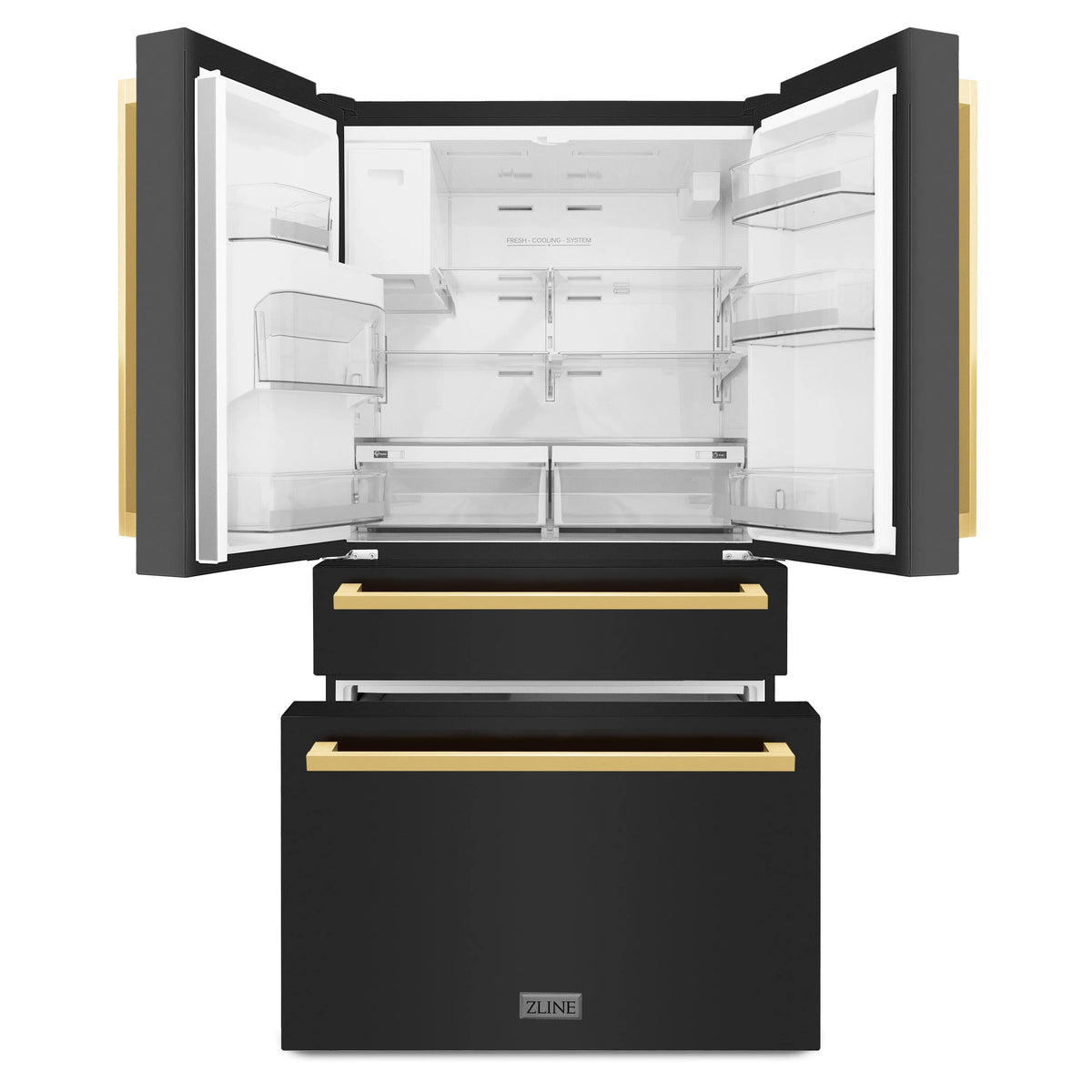 ZLINE - Autograph Edition 36 in. 21.6 cu. ft. Counter-Depth French Door Refrigerator with Water and Ice Dispenser in Fingerprint-Resistant Black Stainless Steel with Polished Gold Modern Handles