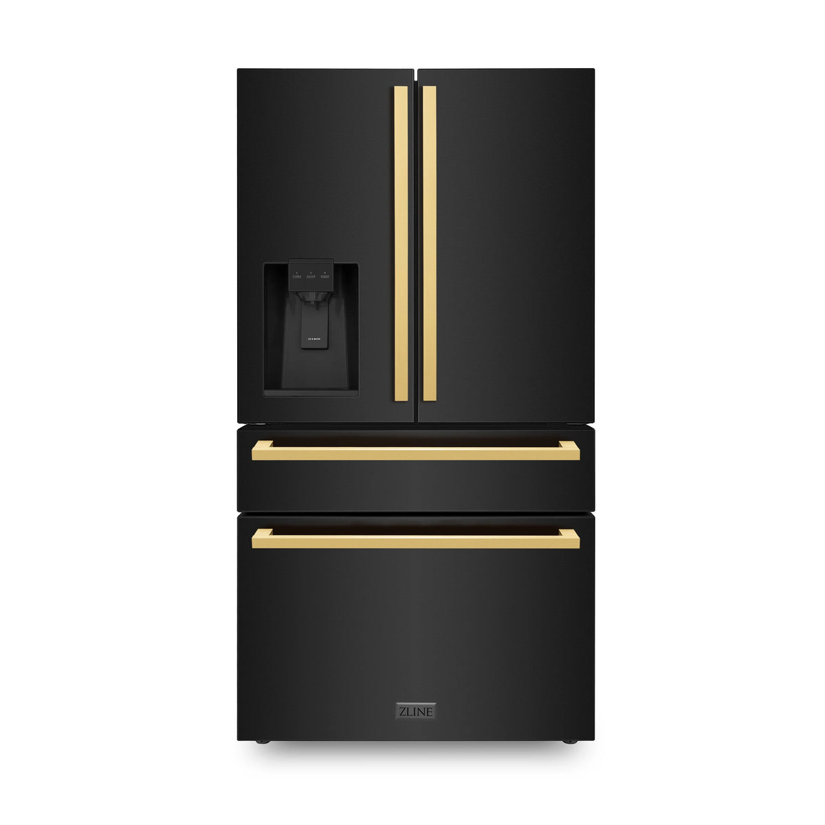 ZLINE - Autograph Edition 36 in. 21.6 cu. ft. Counter-Depth French Door Refrigerator with Water and Ice Dispenser in Fingerprint-Resistant Black Stainless Steel with Polished Gold Modern Handles