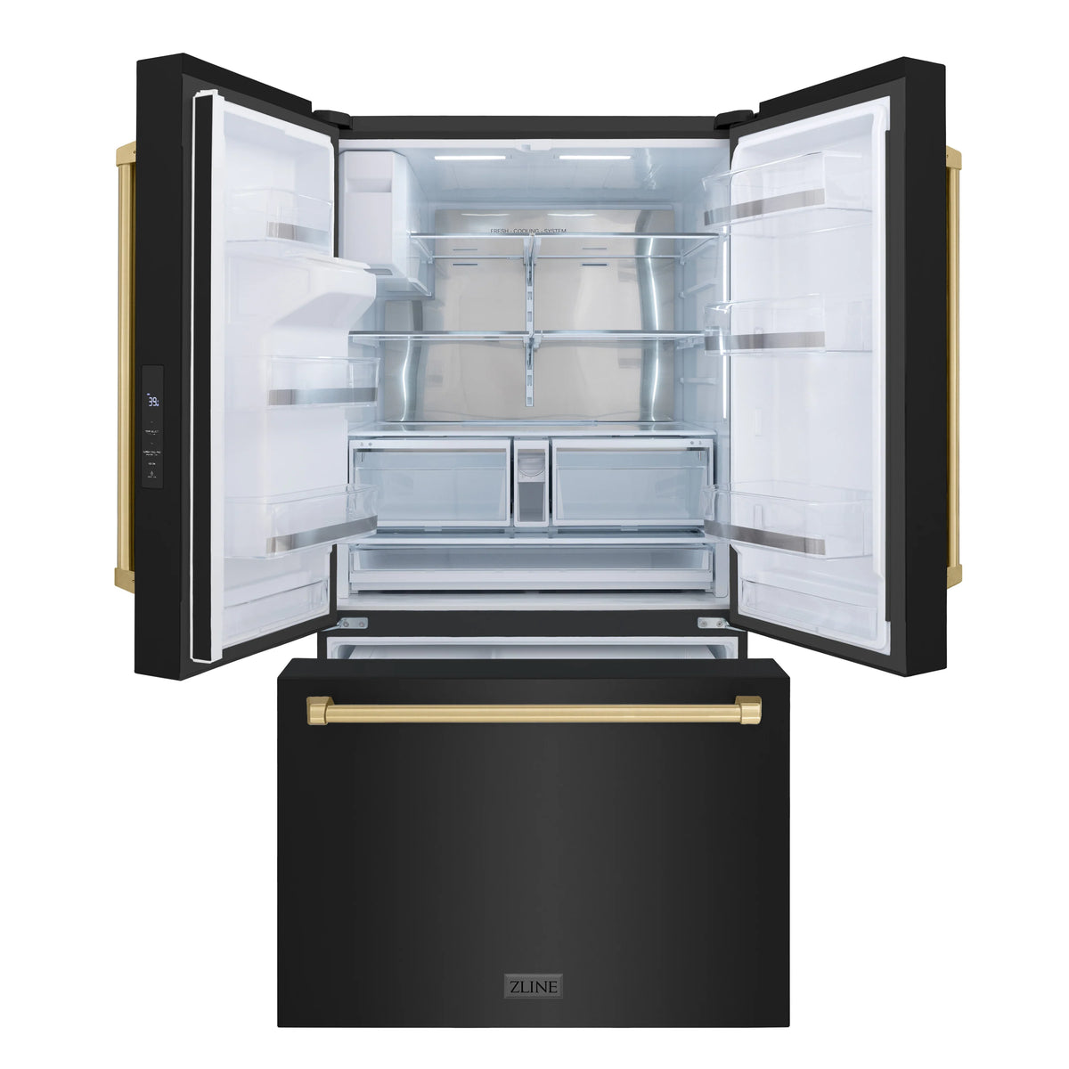 ZLINE - Autograph Edition 36 in. 28.9 cu. ft. Standard-Depth French Door External Water Dispenser Refrigerator with Dual Ice Maker in Black Stainless Steel and Champagne Bronze Handles (RSMZ-W-36-BS-CB)