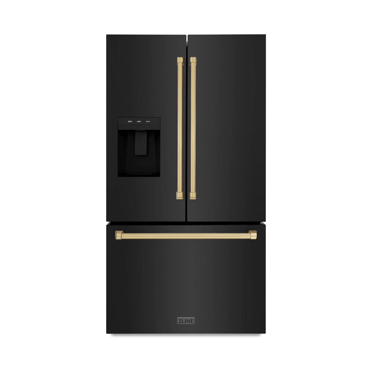 ZLINE - Autograph Edition 36 in. 28.9 cu. ft. Standard-Depth French Door External Water Dispenser Refrigerator with Dual Ice Maker in Black Stainless Steel and Champagne Bronze Handles (RSMZ-W-36-BS-CB)