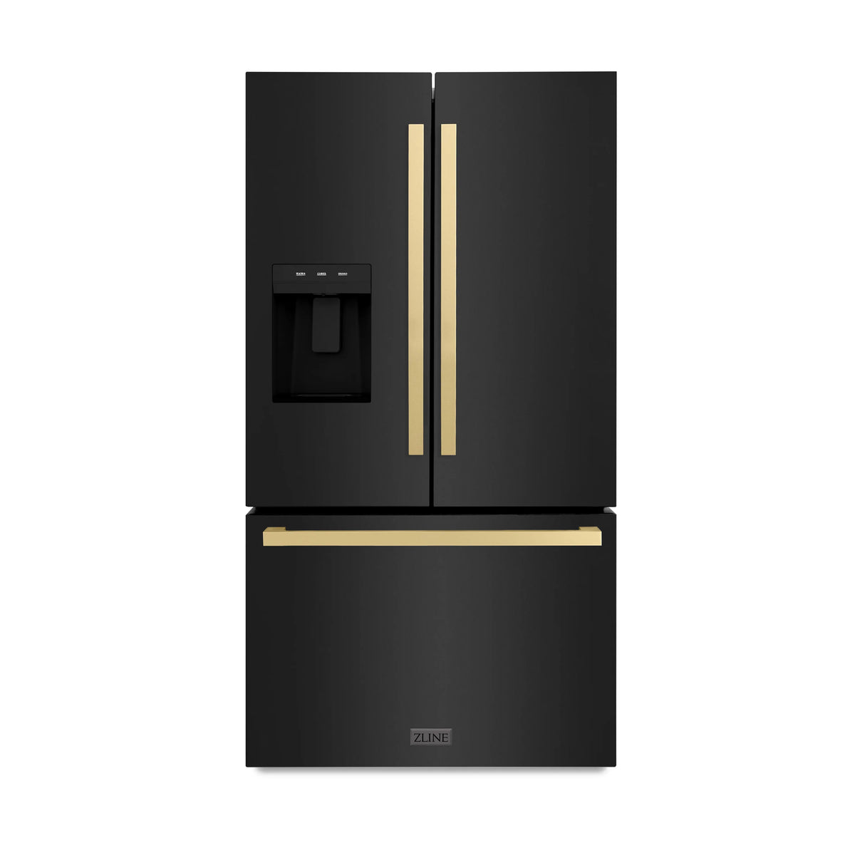 ZLINE - Autograph Edition 36 in. 28.9 cu. ft. Standard-Depth French Door External Water Dispenser Refrigerator with Dual Ice Maker in Black Stainless Steel and Champagne Bronze Square Handles (RSMZ-W36-BS-FCB)