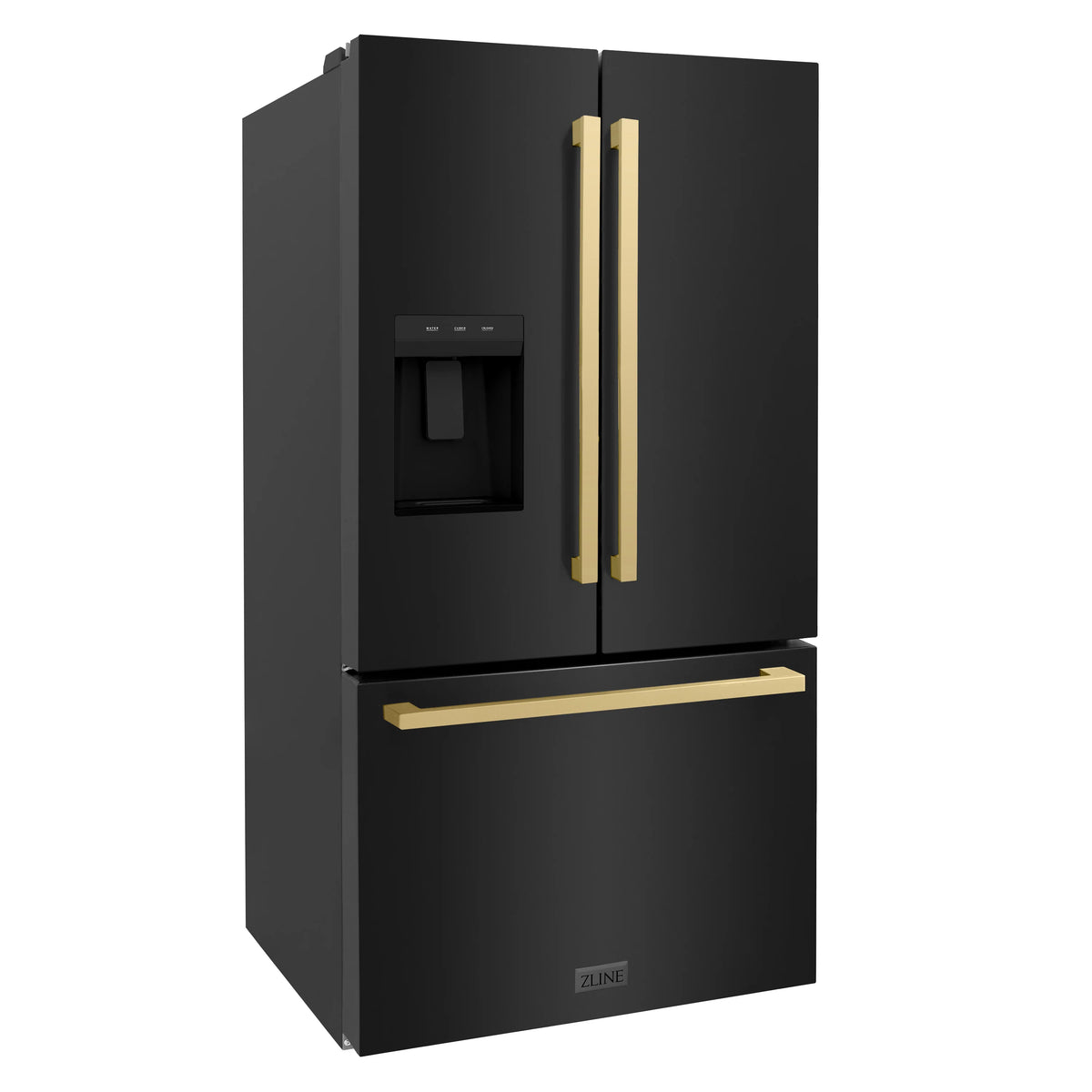 ZLINE - Autograph Edition 36 in. 28.9 cu. ft. Standard-Depth French Door External Water Dispenser Refrigerator with Dual Ice Maker in Black Stainless Steel and Champagne Bronze Square Handles (RSMZ-W36-BS-FCB)