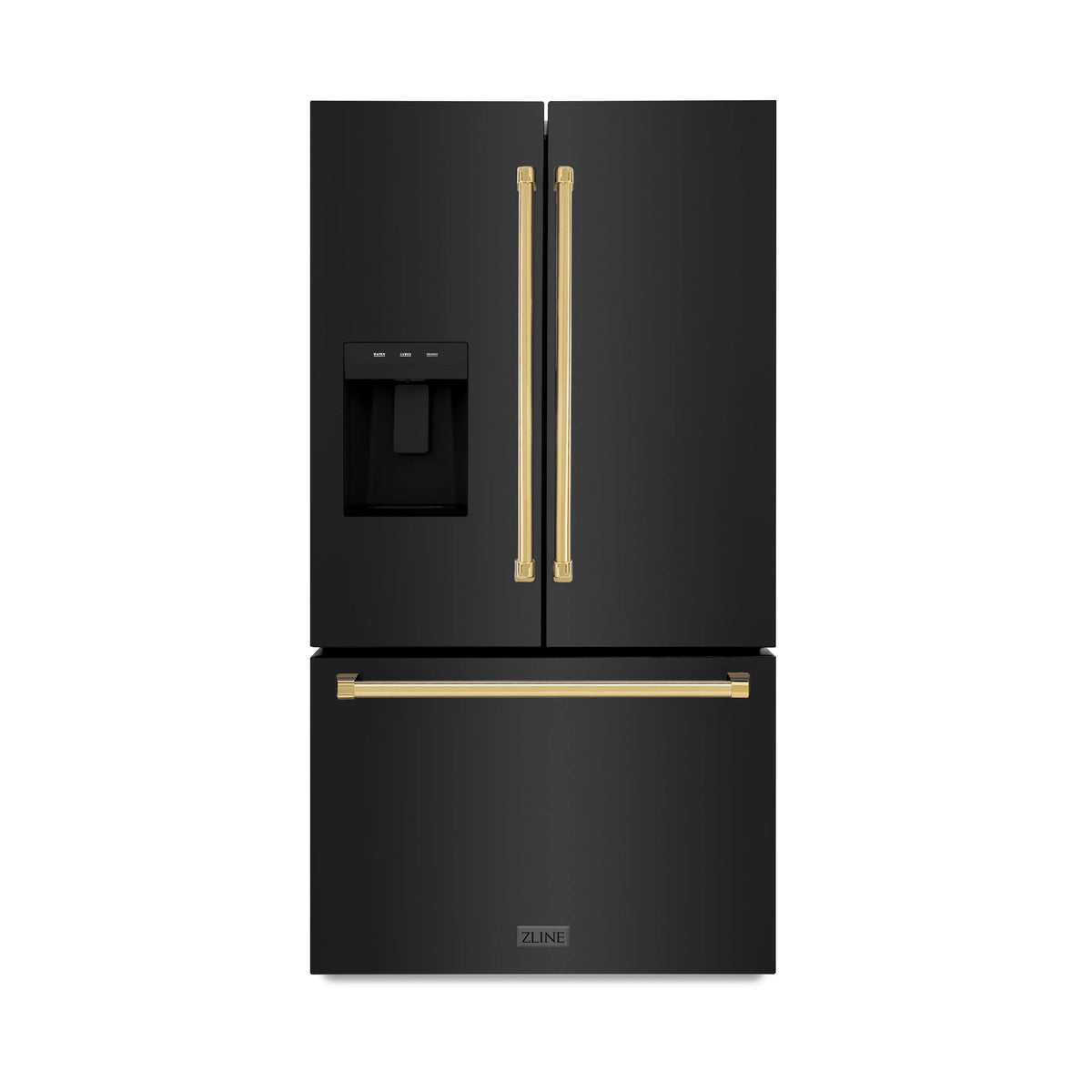 ZLINE - Autograph Edition 36 in. 28.9 cu. ft. Standard-Depth French Door External Water Dispenser Refrigerator with Dual Ice Maker in Black Stainless Steel and Polished Gold Handles (RSMZ-W-36-BS-G)