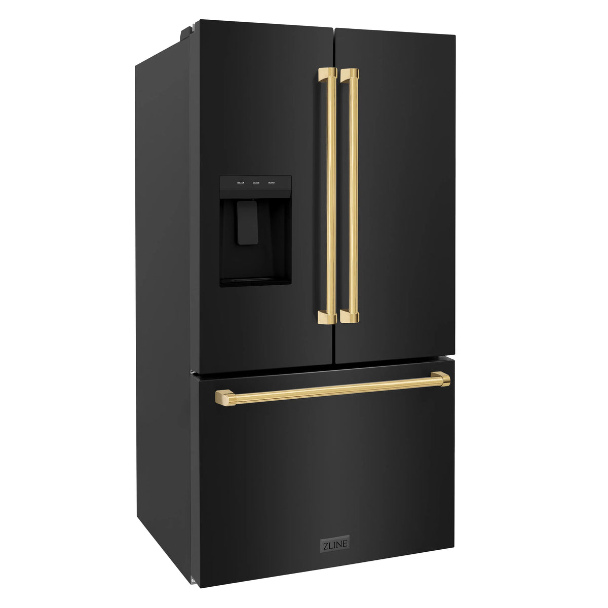 ZLINE - Autograph Edition 36 in. 28.9 cu. ft. Standard-Depth French Door External Water Dispenser Refrigerator with Dual Ice Maker in Black Stainless Steel and Polished Gold Handles (RSMZ-W-36-BS-G)