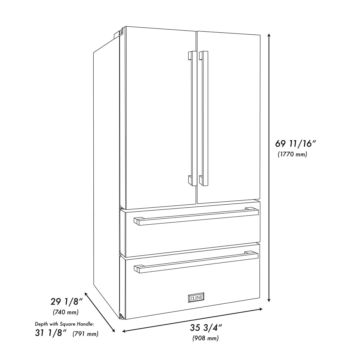 ZLINE - Autograph Edition 36 in. 22.5 cu. ft. Counter-Depth French Door Refrigerator with Ice Maker in Fingerprint-Resistant Stainless Steel with Polished Gold Modern Handles