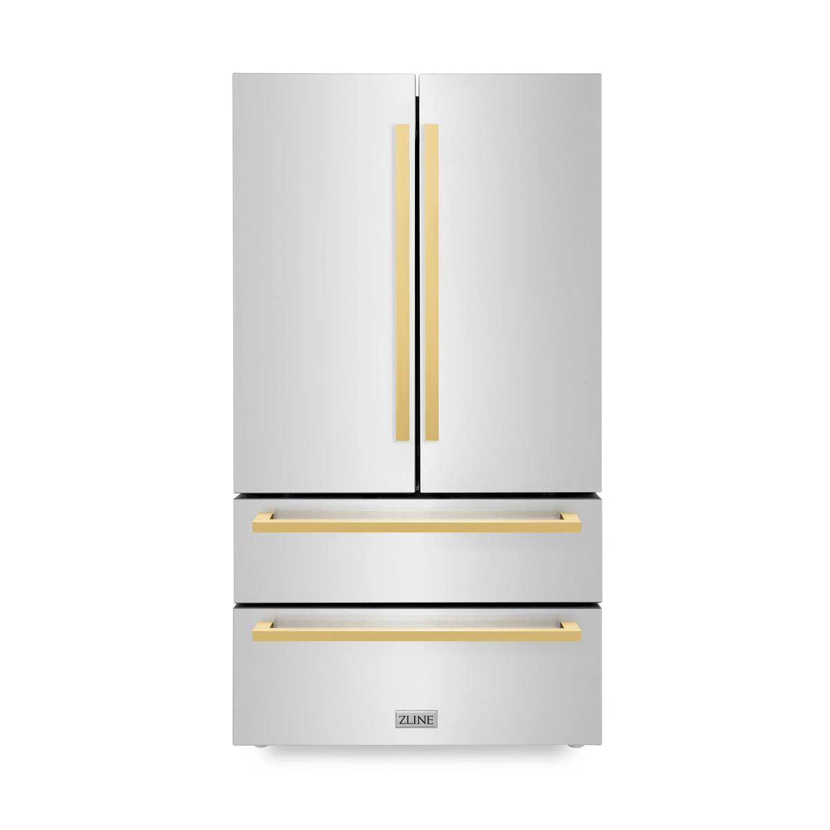 ZLINE - Autograph Edition 36 in. 22.5 cu. ft. Counter-Depth French Door Refrigerator with Ice Maker in Fingerprint-Resistant Stainless Steel with Polished Gold Modern Handles