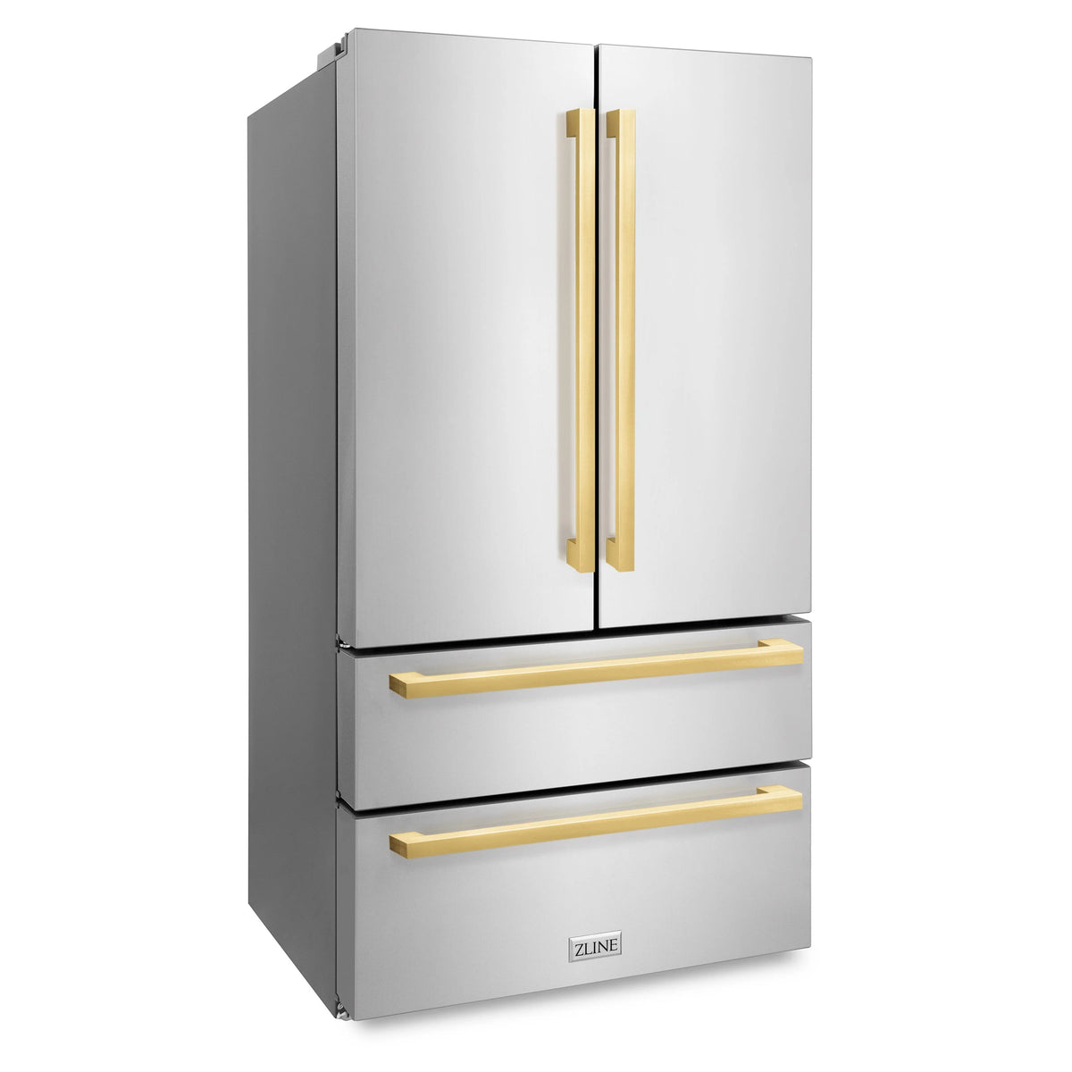 ZLINE - Autograph Edition 36 in. 22.5 cu. ft. Counter-Depth French Door Refrigerator with Ice Maker in Fingerprint-Resistant Stainless Steel with Polished Gold Modern Handles