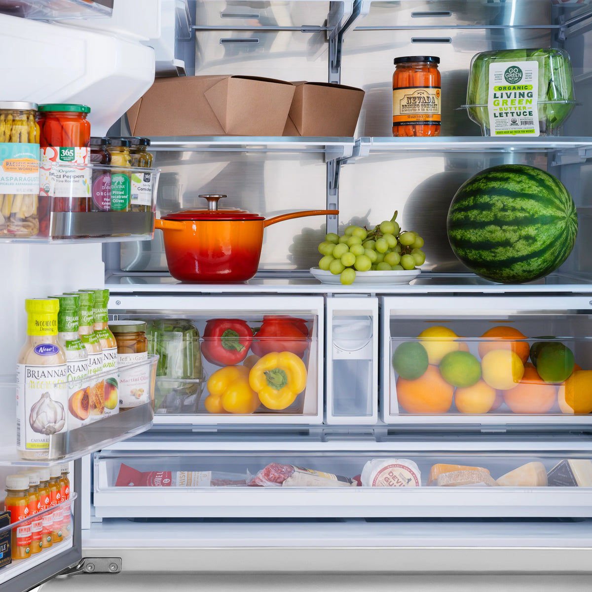 ZLINE - Autograph Edition 36 in. 28.9 cu. ft. Standard-Depth French Door External Water Dispenser Refrigerator with Dual Ice Maker in Fingerprint Resistant Stainless Steel and Champagne Bronze Square Handles (RSMZ-W-36-FCB)