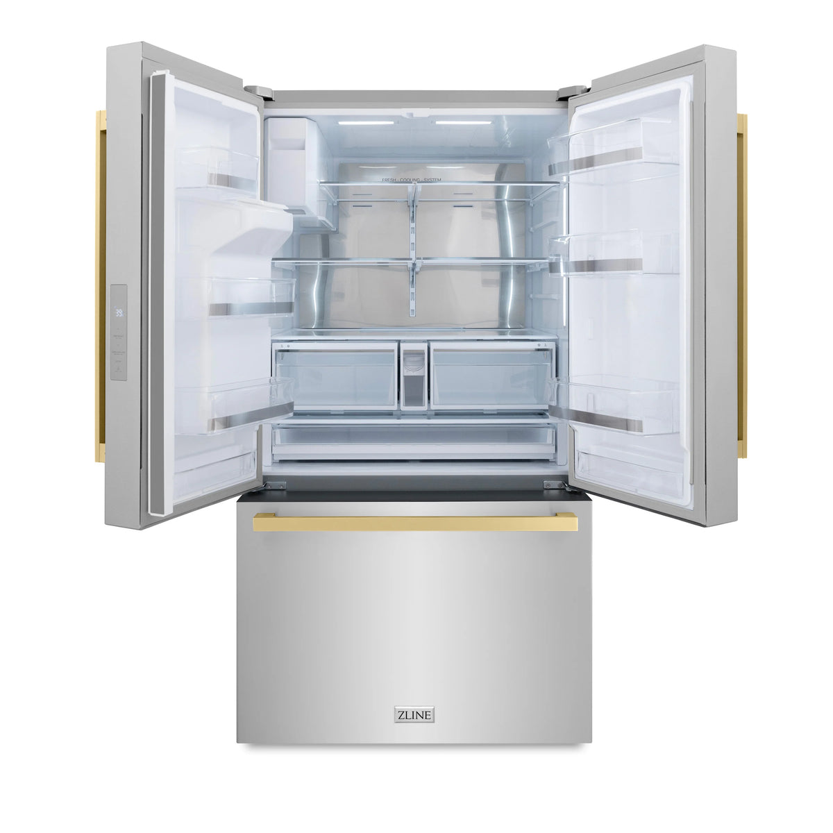 ZLINE - Autograph Edition 36 in. 28.9 cu. ft. Standard-Depth French Door External Water Dispenser Refrigerator with Dual Ice Maker in Fingerprint Resistant Stainless Steel and Champagne Bronze Square Handles (RSMZ-W-36-FCB)