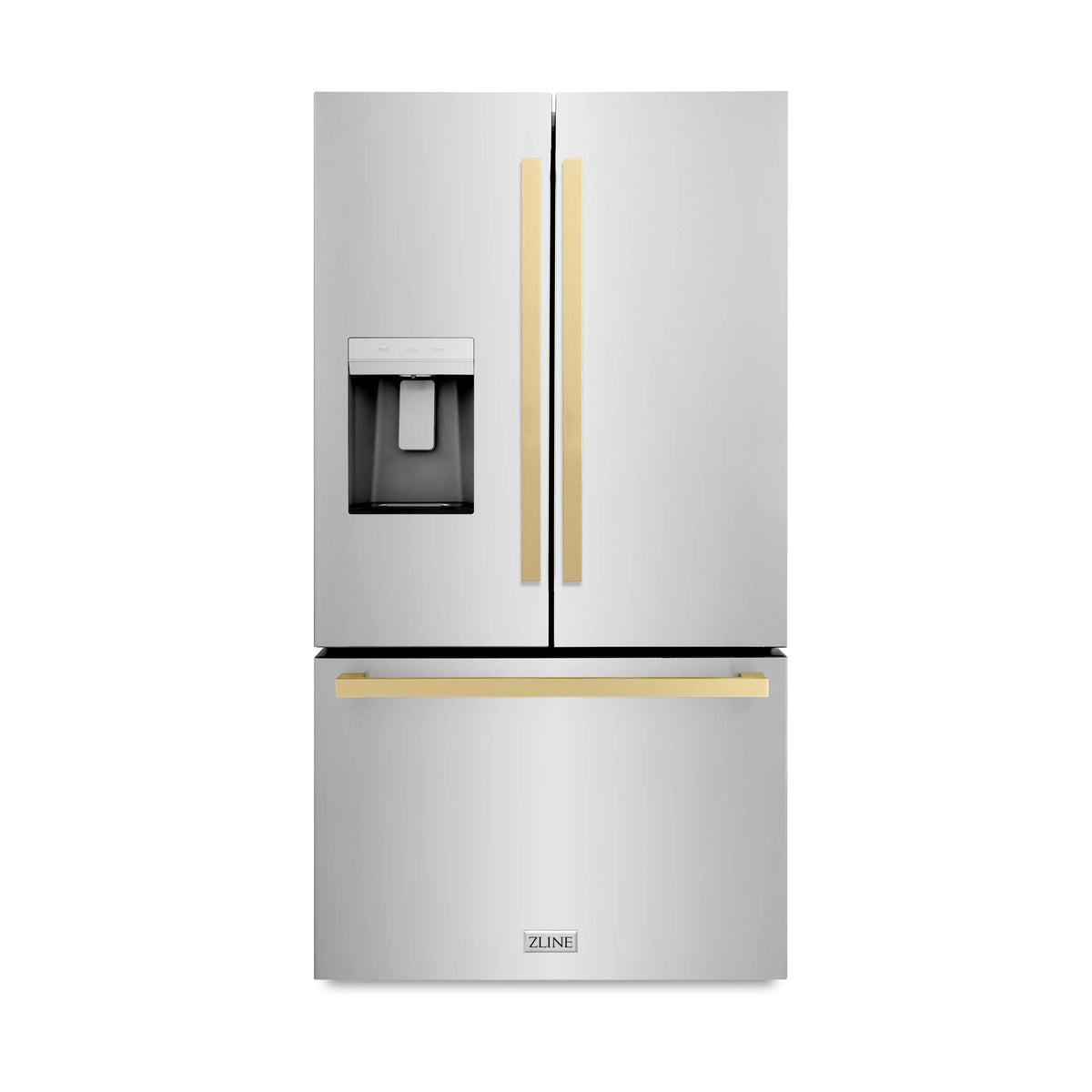 ZLINE - Autograph Edition 36 in. 28.9 cu. ft. Standard-Depth French Door External Water Dispenser Refrigerator with Dual Ice Maker in Fingerprint Resistant Stainless Steel and Champagne Bronze Square Handles (RSMZ-W-36-FCB)