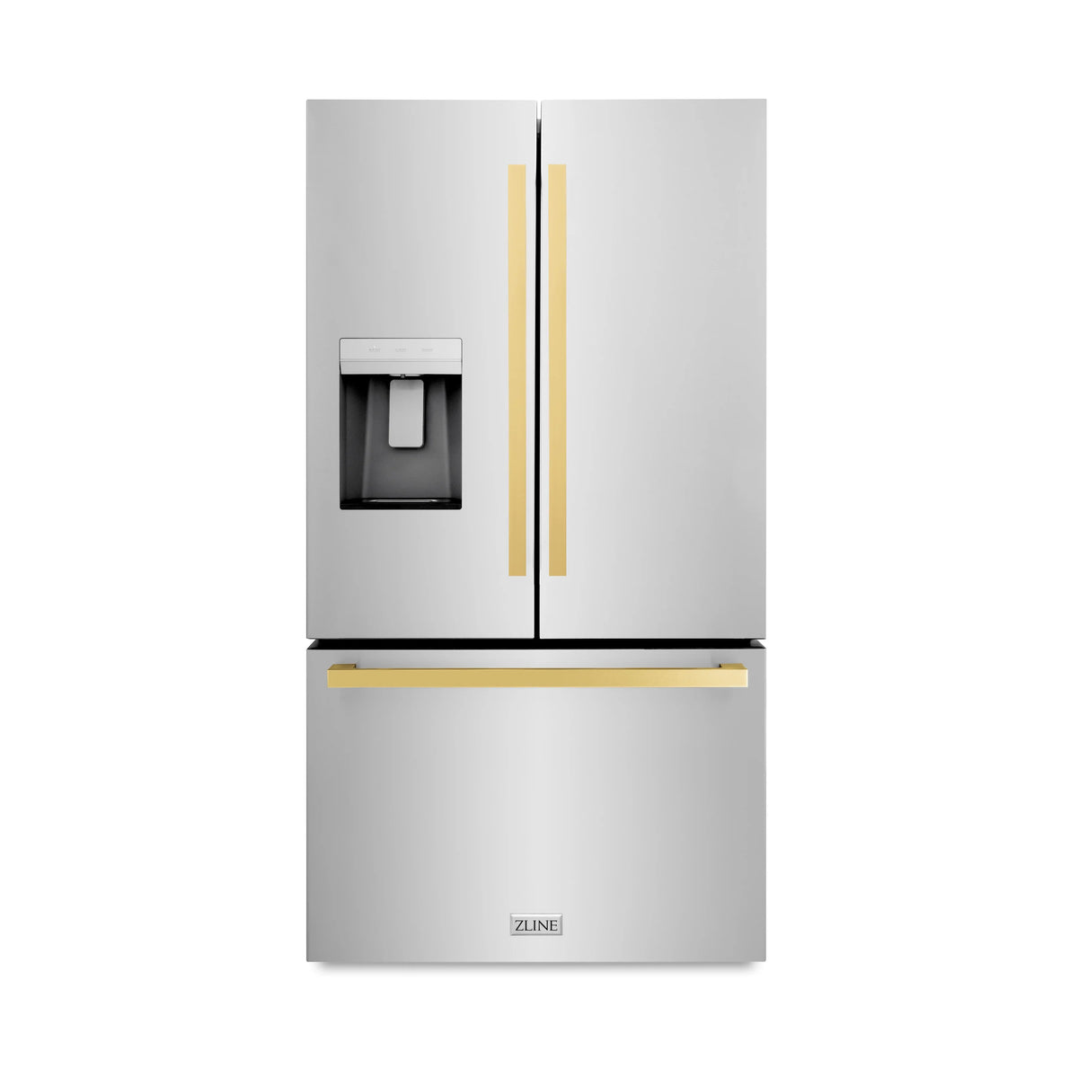 ZLINE - Autograph Edition 36 in. 28.9 cu. ft. Standard-Depth French Door External Water Dispenser Refrigerator with Dual Ice Maker in Fingerprint Resistant Stainless Steel and Polished Gold Square Handles (RSMZ-W-36-FG)
